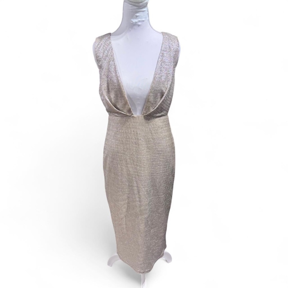 RENN gold bodycon dress with plunging neckline  Size: L